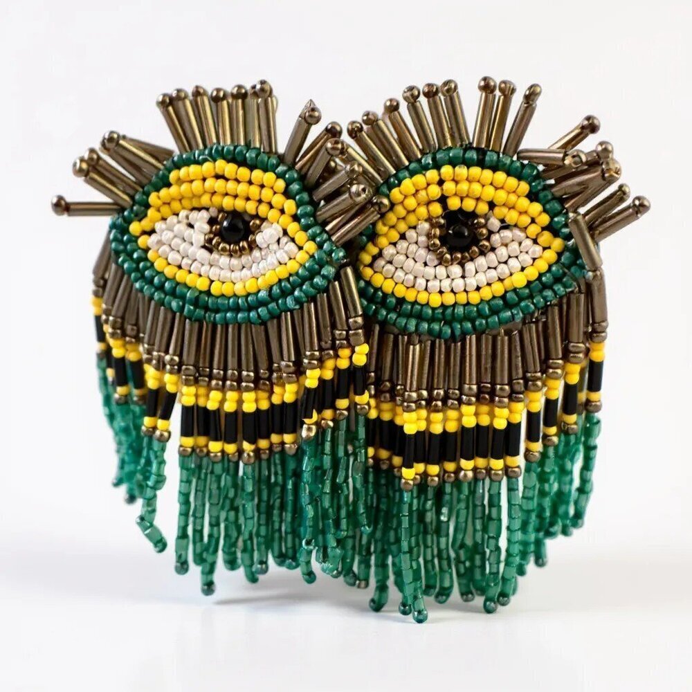 Gold and Green Evil Eye Beaded Earrings